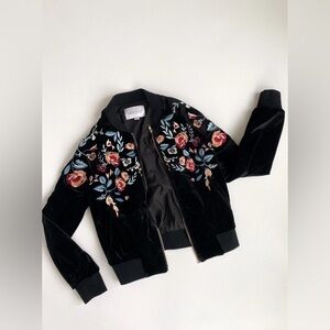 Lucy Paris Black Bomber Lelvet Jacket with Floral Embroidery